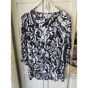 Chico's Womens Sz 0 US 4/6 Black White Print 3/4 Sleeve Blouse